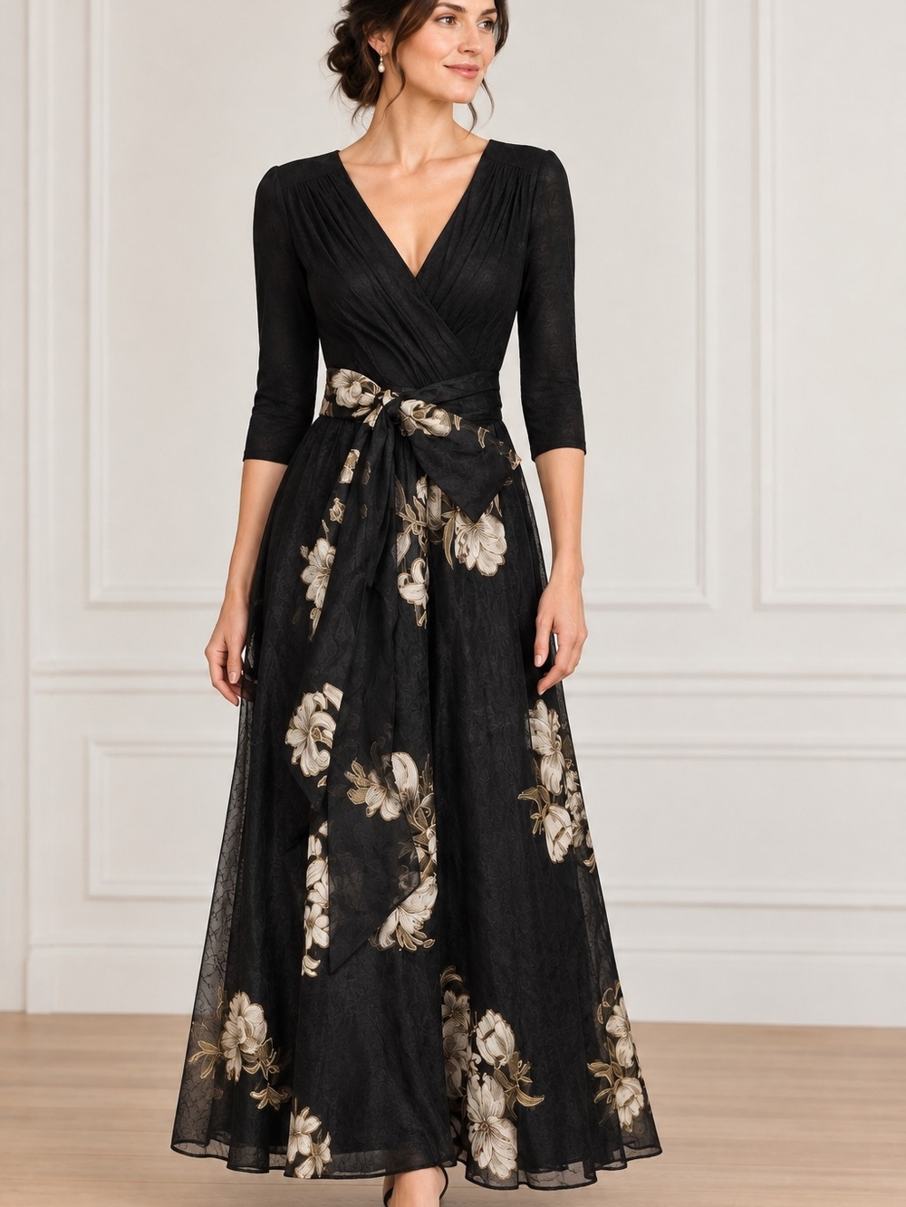 Frank Lyman Design Black Maxi Dress with Cream Floral Print